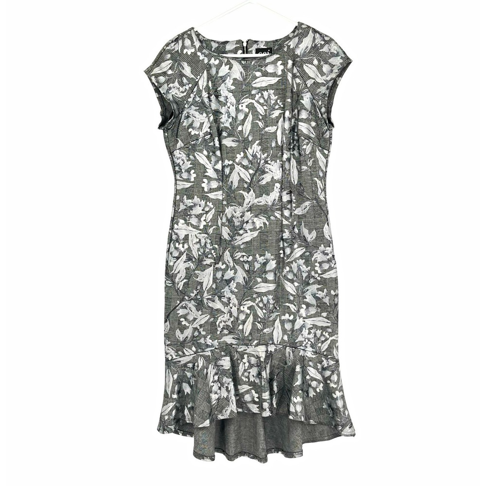ECI New York Women's Size 8 Floral Plaid Dress Gray Black Ruffle Hem Midi